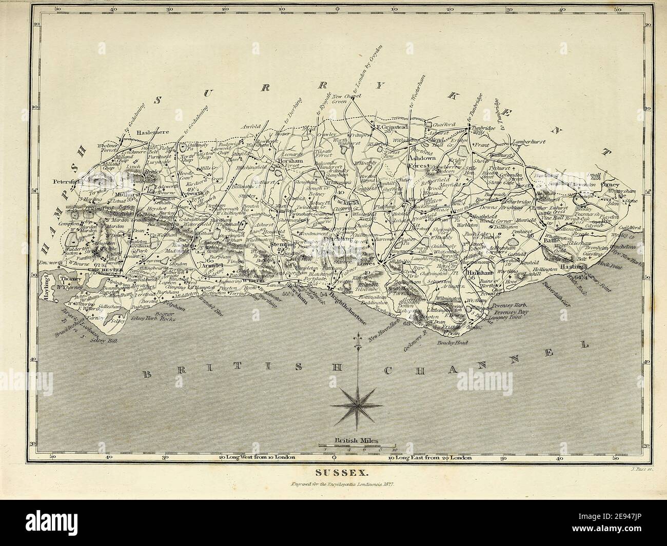 Antica mappa di Sussex incisione Copperplate dall'Enciclopedia Londinensis OR, dizionario universale di arti, scienze e letteratura; Volume XXIII; a cura di Wilkes, John. Pubblicato a Londra nel 1828 Foto Stock