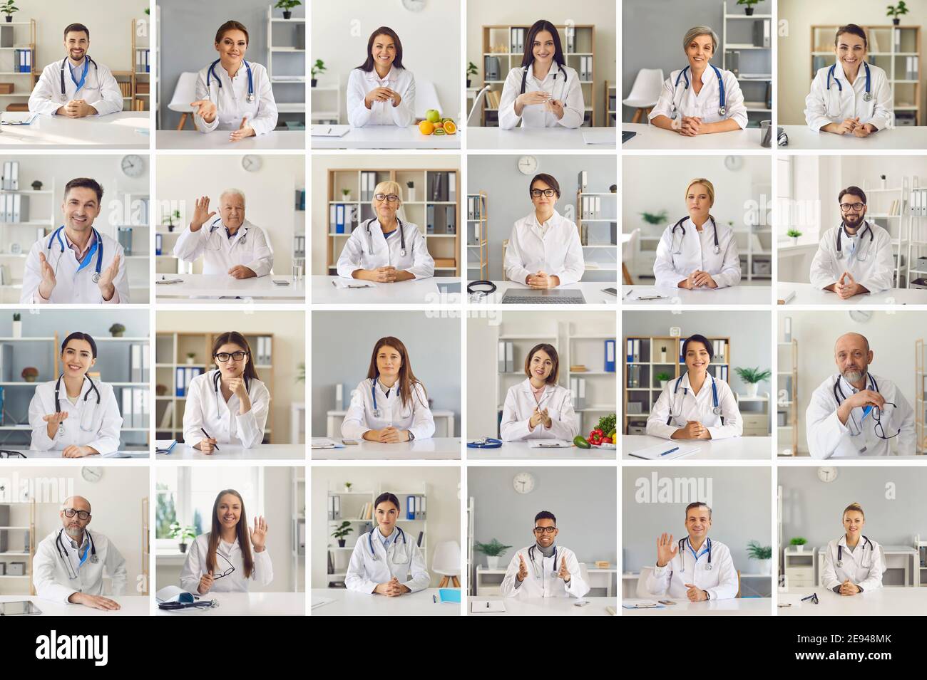 Collage di visualizzazioni webcam di diversi medici si salutano l'un l'altro in riunione online Foto Stock