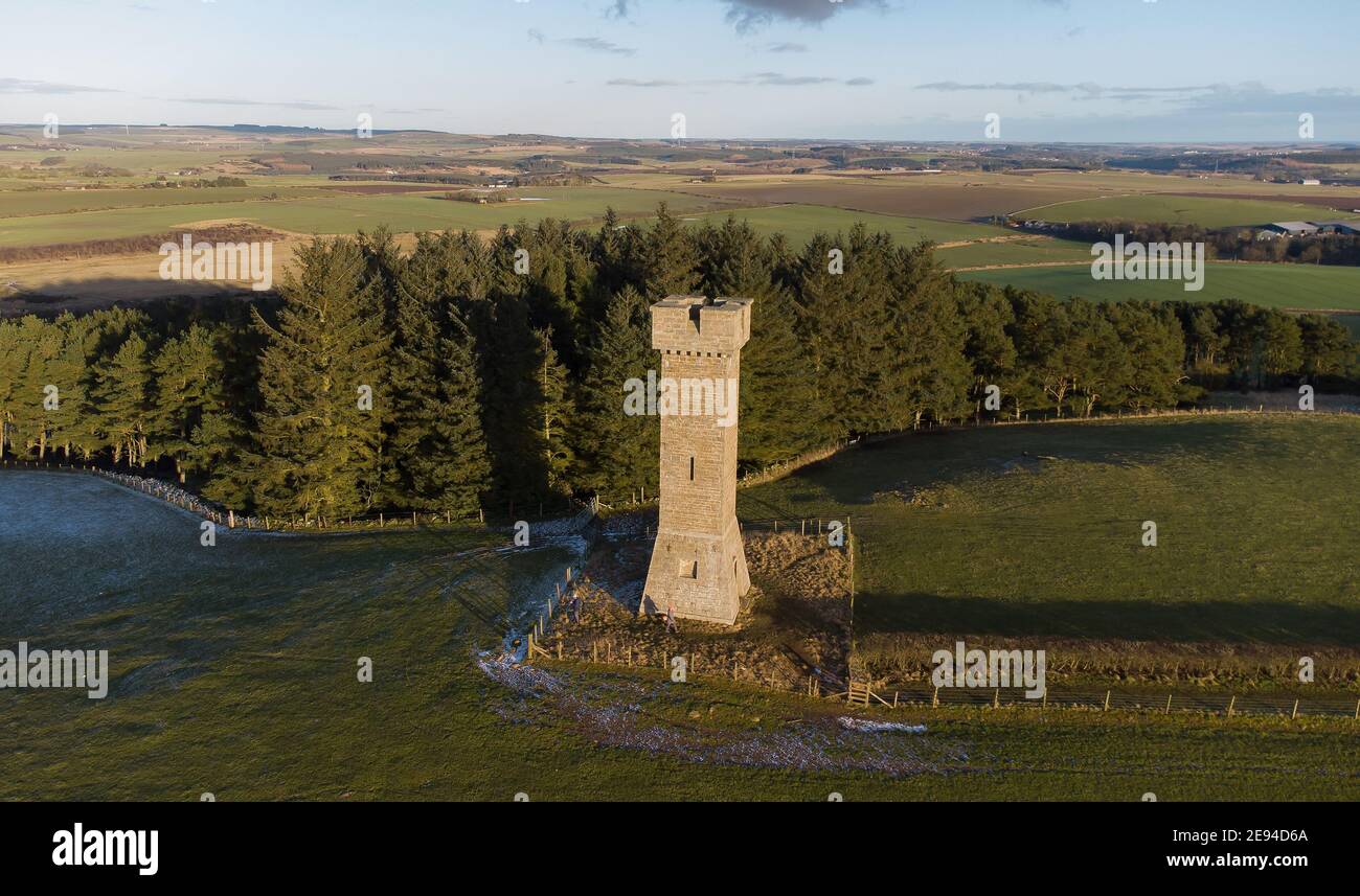 La prop di Ythsie Memorial Tower sulla Haddo Estate vicino a Tarves, Aberdeenshire, Scozia, Regno Unito. Costruito in memoria di George Gordon, IV conte di Aberdeen Foto Stock