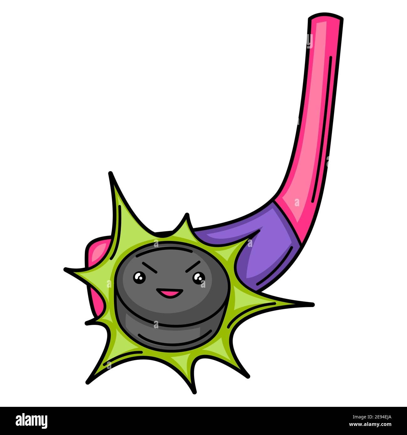 Kawaii illustrazione di bastone di hockey e puck. Illustrazione Vettoriale