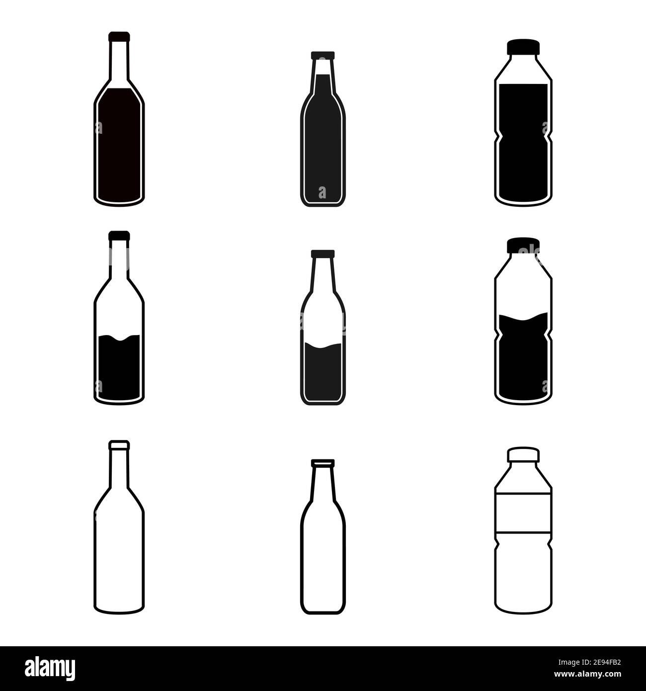 Set di icone del flacone. Vettore di raccolta di vino, birra e bottiglie d'acqua isolato su bianco. Illustrazione della silhouette della bevanda nera. Illustrazione Vettoriale