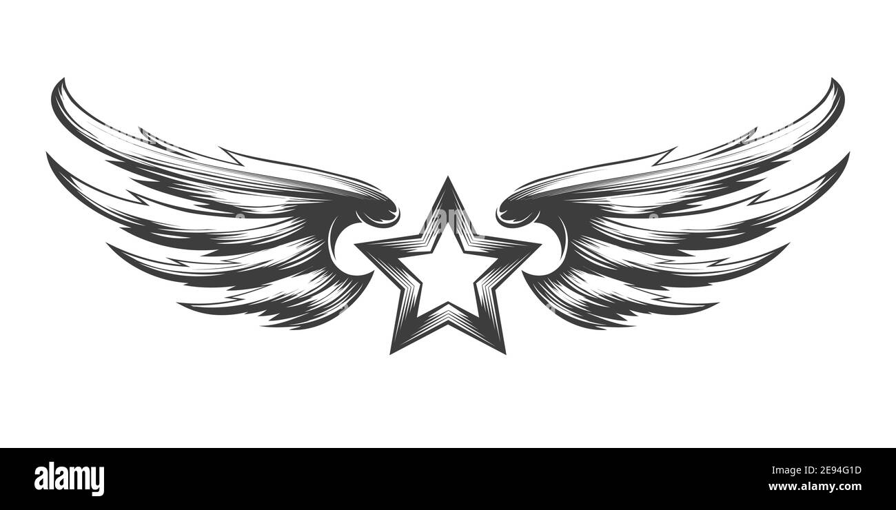 Tattoo di Star con ali disegnate in stile incisione. Illustrazione vettoriale. Illustrazione Vettoriale