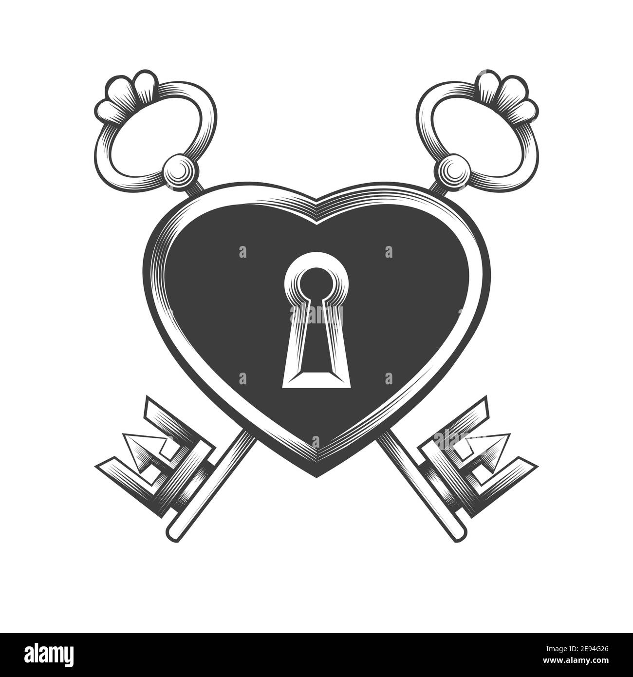 Tatuaggio di serratura con due chiavi disegnate in stile incisione. Illustrazione vettoriale. Illustrazione Vettoriale