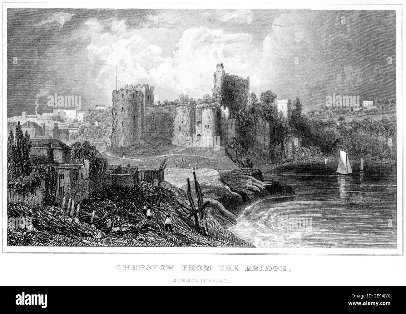 Un'incisione di Chepstow dal ponte, il Monboccuthshire UK scansionò ad alta risoluzione da un libro pubblicato nel 1854. Creduto esente da copyright. Foto Stock