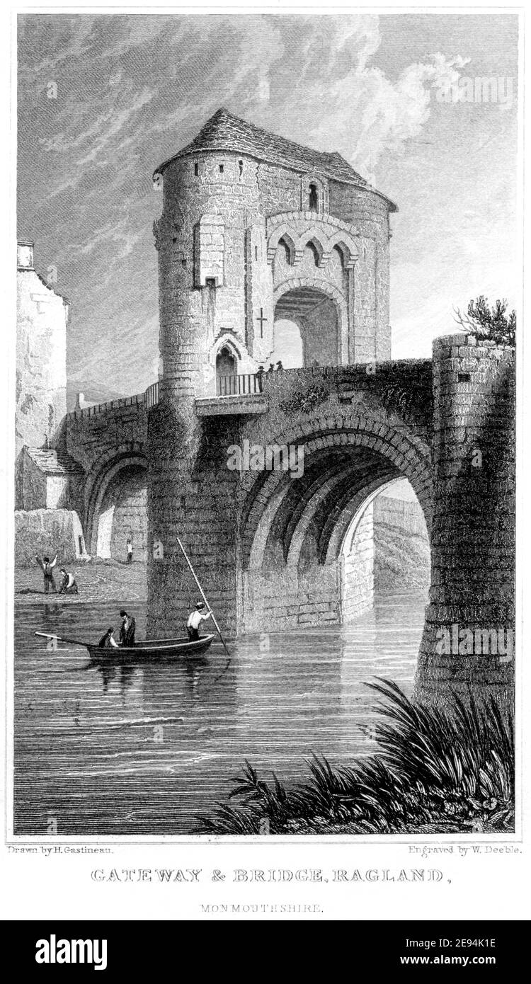 Incisione etichetta The Gateway & Bridge, Ragland (Raglan), Monboccuthshire da un libro pubblicato nel 1854. E 'in realtà il Monnow Bridge a Monmouth. Foto Stock