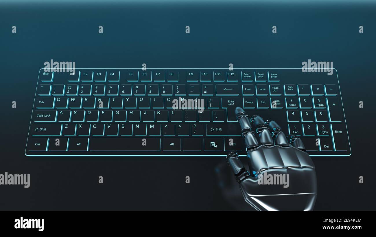 Mano cyborg grigia futuristica premendo un tasto su una tastiera Foto Stock