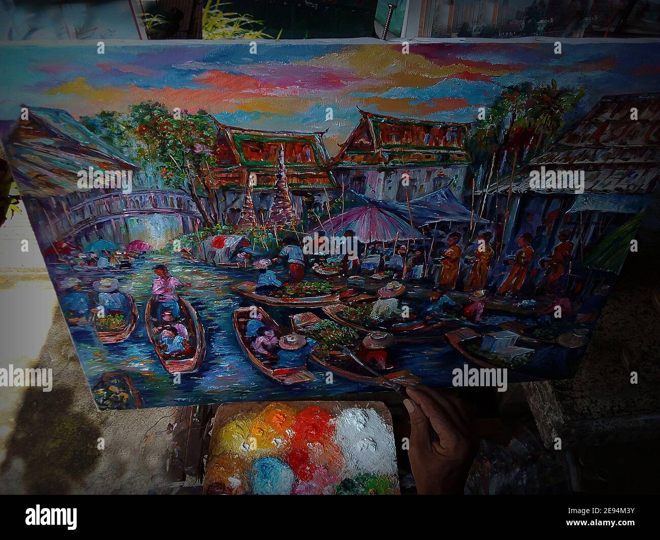 Arte, pittura, colore dell'olio, mercato galleggiante, terra tailandese Foto Stock
