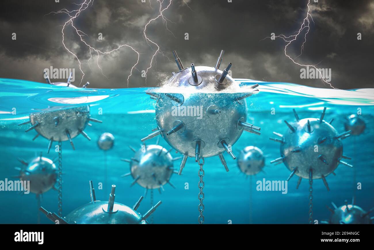 miniera d'epoca in mezzo al mare. concetto di rischio e pericolo. rendering 3d. Foto Stock