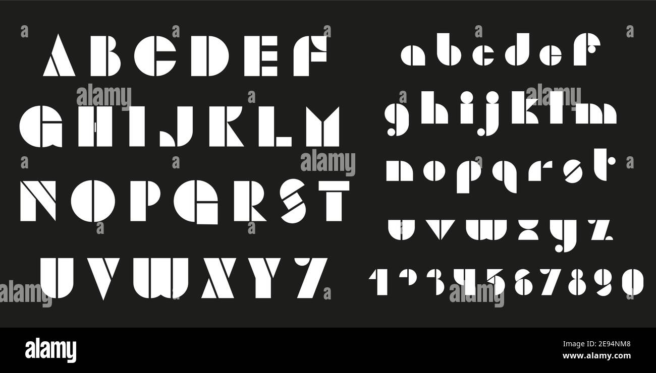 Set di lettere e numeri Bauhaus. Tipografia moderna. Carattere per eventi, promozioni, logo, banner, monogramma e poster. Illustrazione Vettoriale
