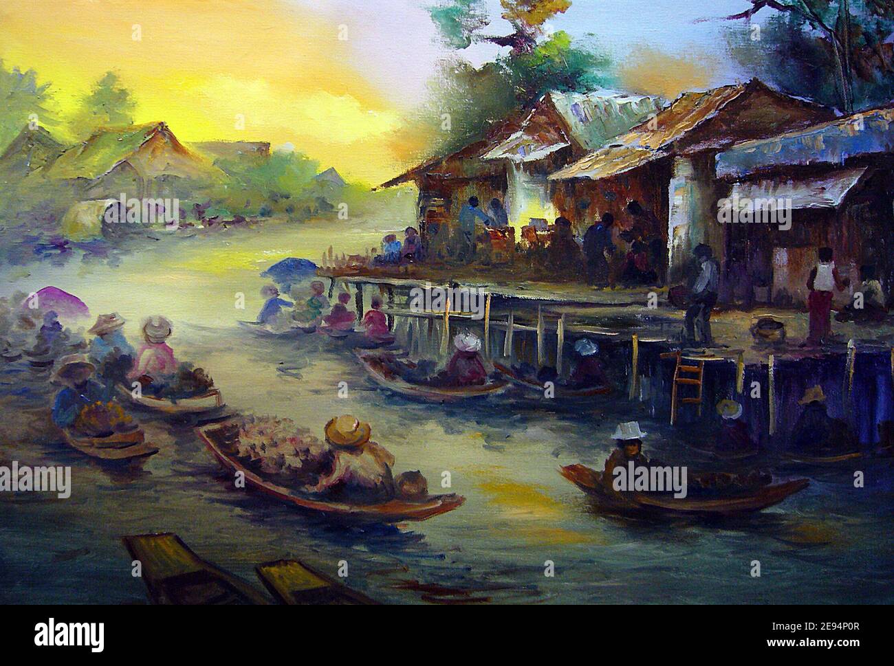 Arte, pittura, colore olio, mercato galleggiante Dumnoen saduak Foto Stock