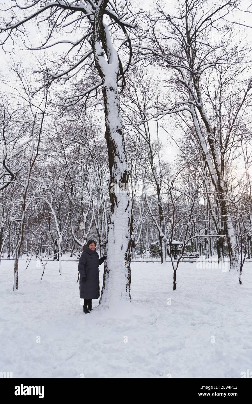 Donna sorridente anziana in piedi vicino ad un grande albero in un parco invernale coperto di neve. Inverno innevato Foto Stock