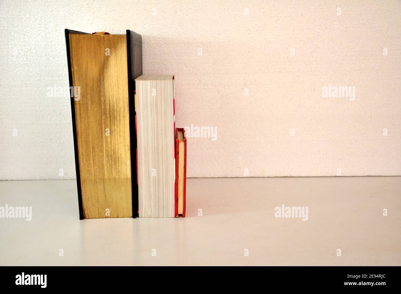 Libri di varie dimensioni e spessori in scaffali in legno di colore rosso e nero in vista laterale su sfondo bianco, Brasile, Sud America Foto Stock