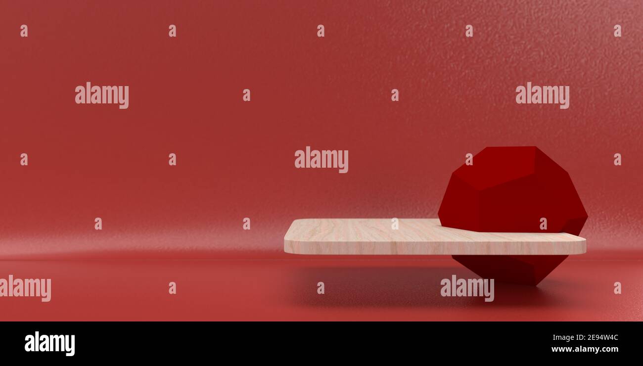 Scenografia 3D dello Studio geometrico con rendering in formato Stage Podium. Piedistallo in legno per Showroom vuoto con plateau minimalista. Visualizzazione di grafici Foto Stock