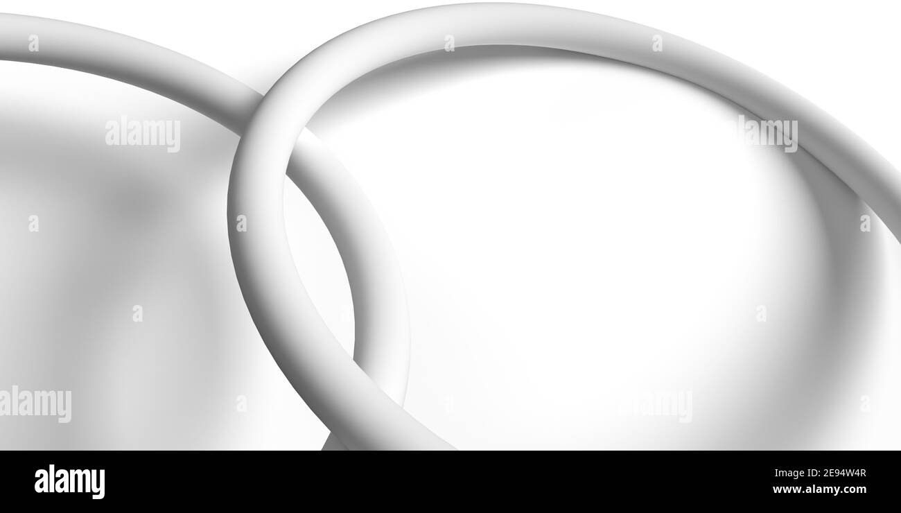 Due forme geometriche ad anello in grassetto di colore bianco con rendering 3D. Disegno astratto del torus in composizione minimalista. Visualizzazione di oggetti grafici su bianco Foto Stock