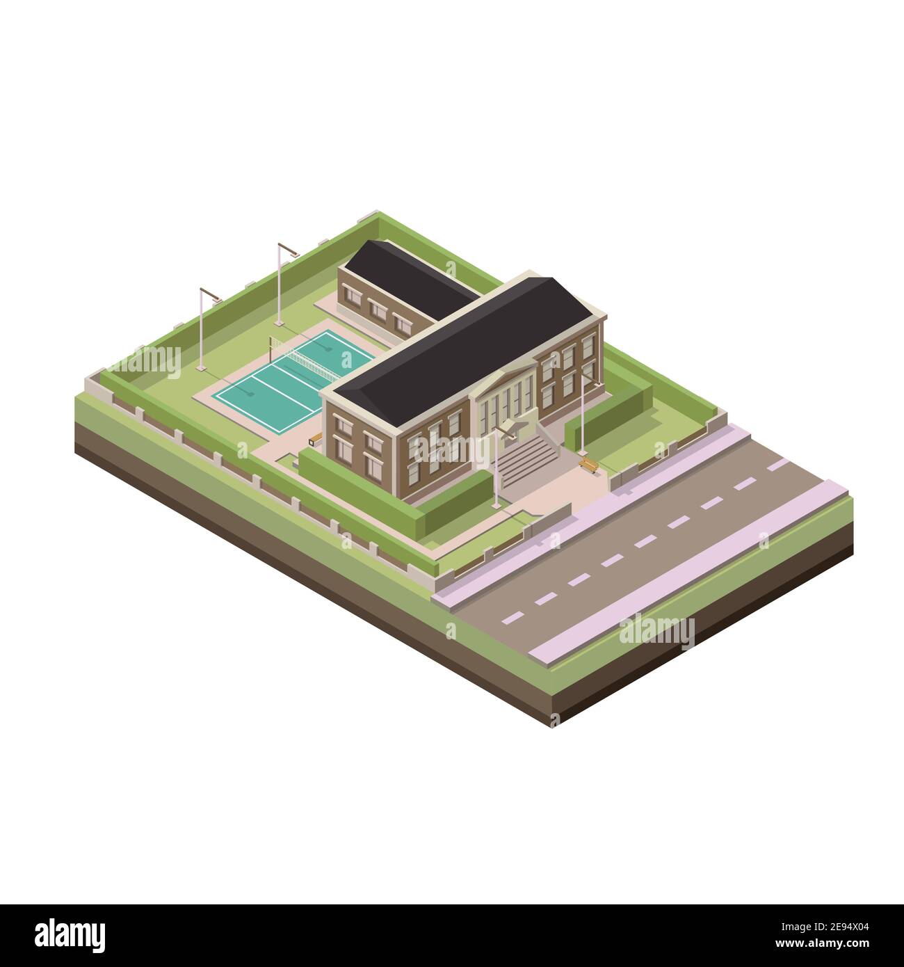 Scuola isometrica. Illustrazione isometrica vettoriale. Elemento isometrico vettoriale che rappresenta la scuola o l'università o l'accademia con campo da pallavolo sul sc Illustrazione Vettoriale