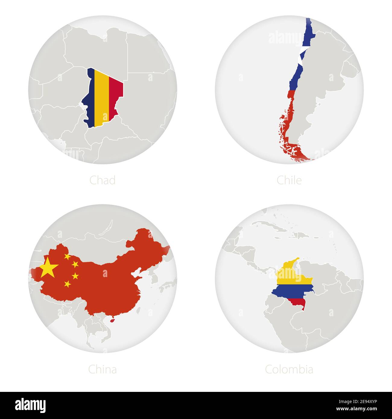 Ciad, Cile, Cina, Colombia mappa contorno e bandiera nazionale in un cerchio. Illustrazione vettoriale. Illustrazione Vettoriale