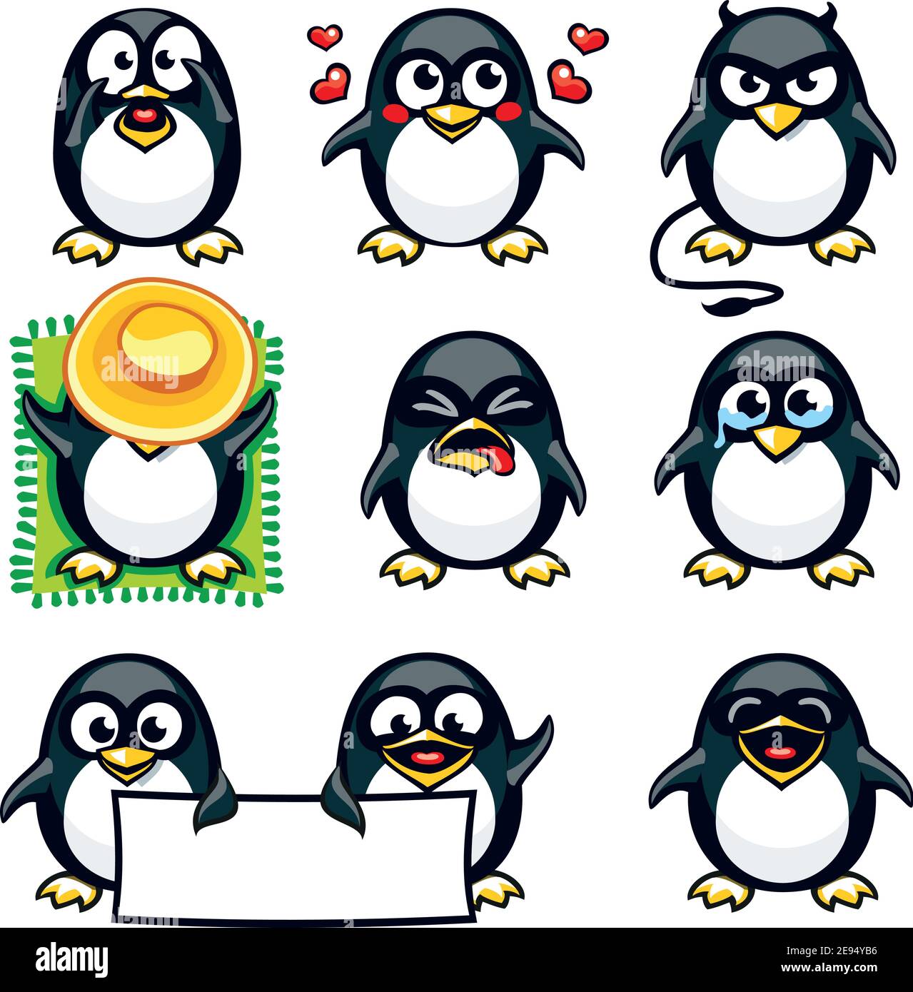Pinguini smiley raggruppati singolarmente per copiare e incollare facilmente. Illustrazione Vettoriale