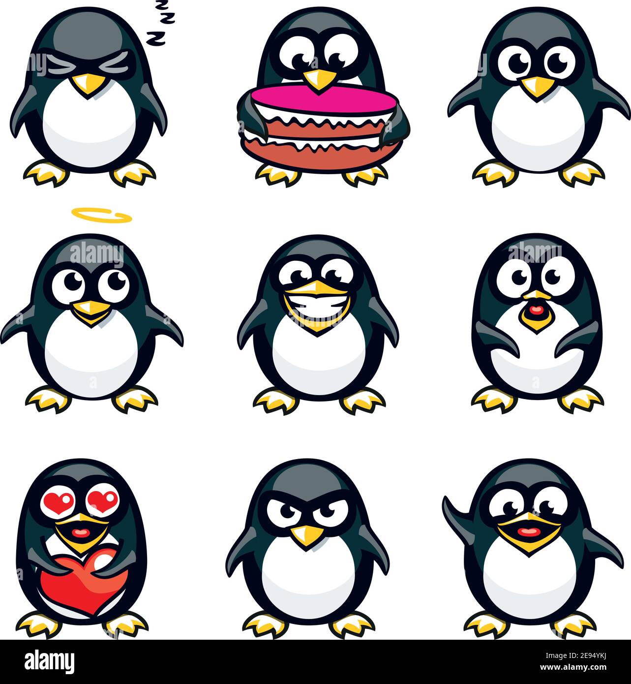 Pinguini smiley raggruppati singolarmente per copiare e incollare facilmente. Illustrazione Vettoriale