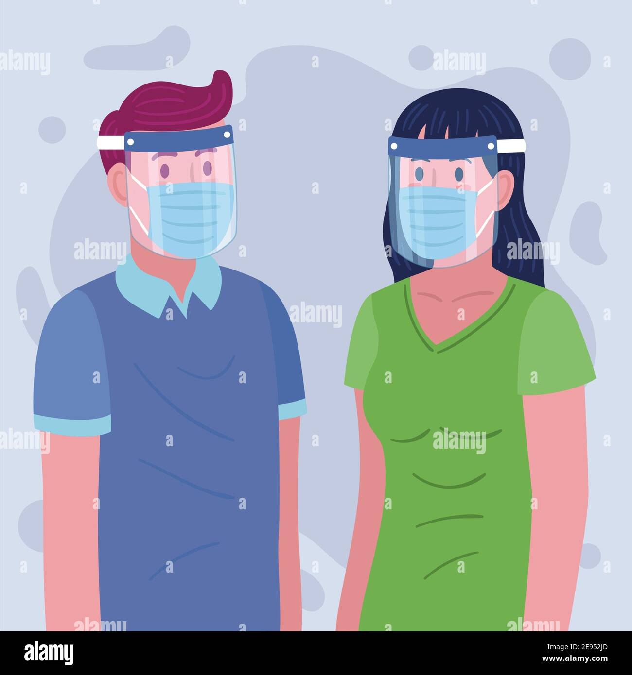 Giovane uomo e donna che mostrano il modo corretto di usare uno schermo facciale in plastica per prevenire i virus Foto Stock