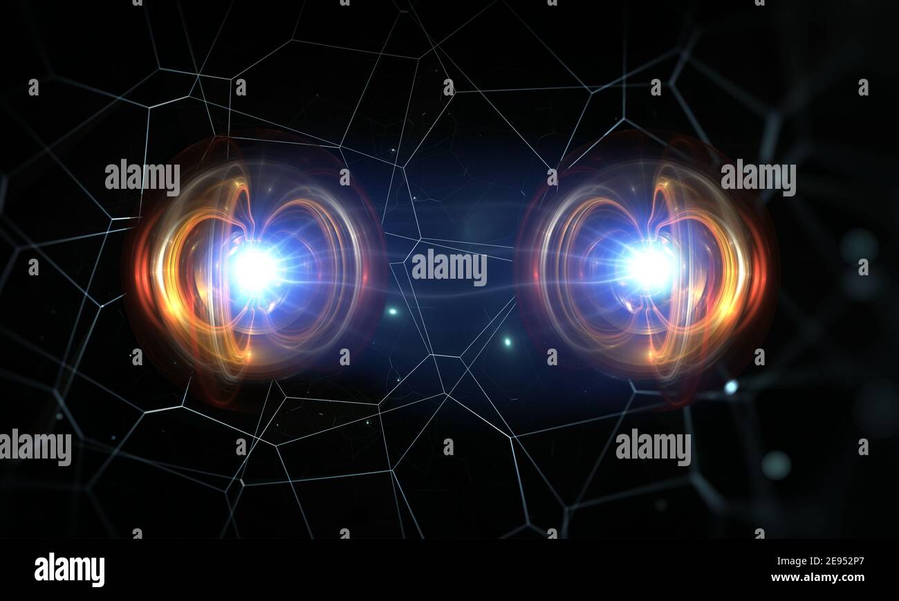 Particelle, entanglement quantico (correlazione quantistica), meccanica quantistica. illustrazione 3d Foto Stock