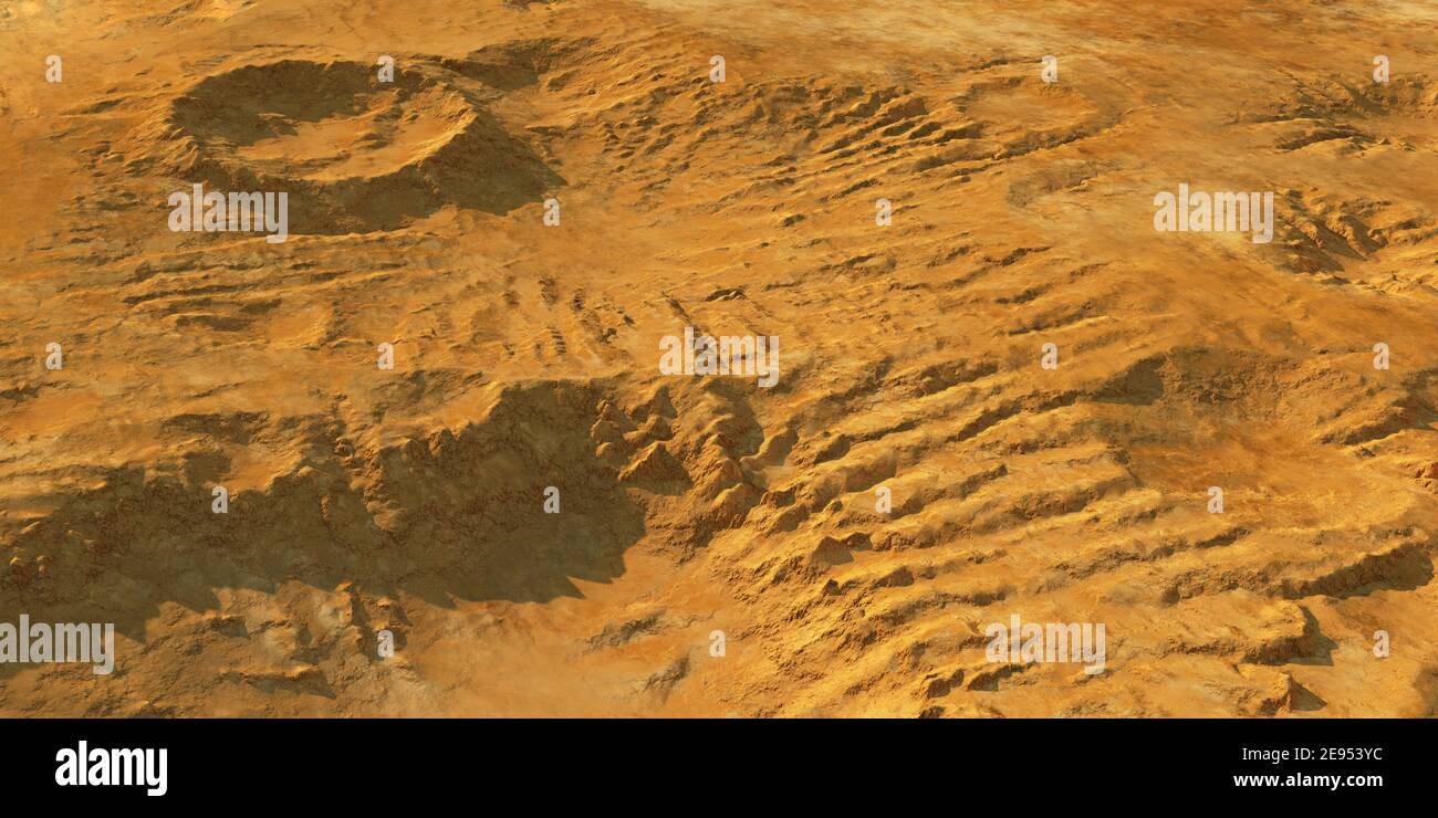 Vista di Marte dall'alto. Superficie marziana, rendering 3d Foto Stock