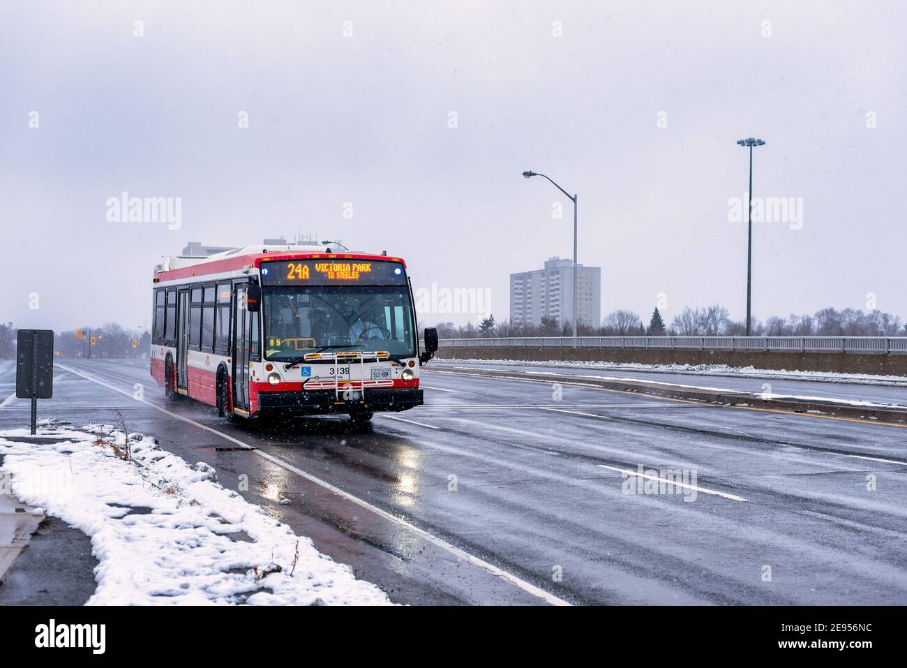 TTC guida in autobus durante una nevicata a Toronto, Canada Foto Stock