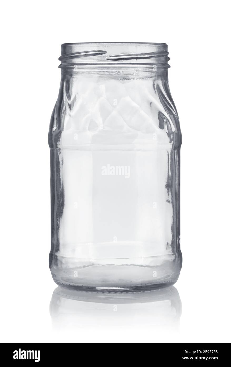 Vista frontale del vaso di vetro trasparente vuoto isolato su bianco Foto Stock