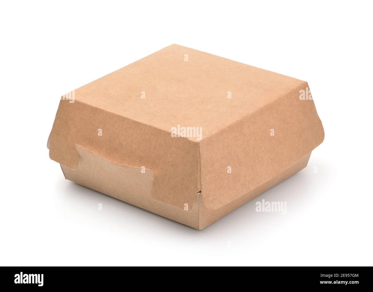 Burger box di carta marrone isolato su bianco Foto Stock