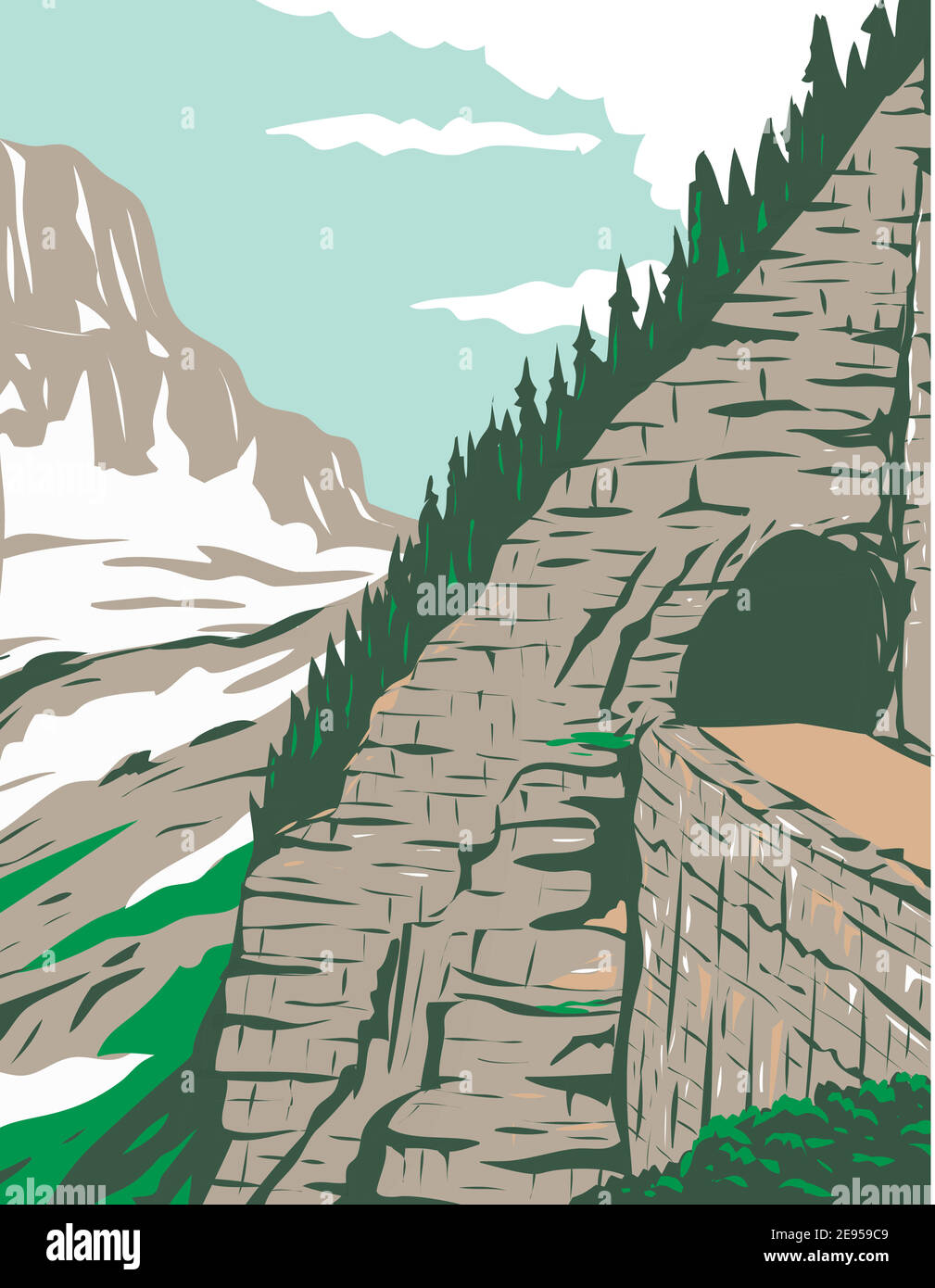 Poster WPA di Going-to-the-Sun Road nel tunnel Eastside e Mt. Reynolds, Glacier National Park, Montana, Stati Uniti in lavori progetto amministrazione Illustrazione Vettoriale