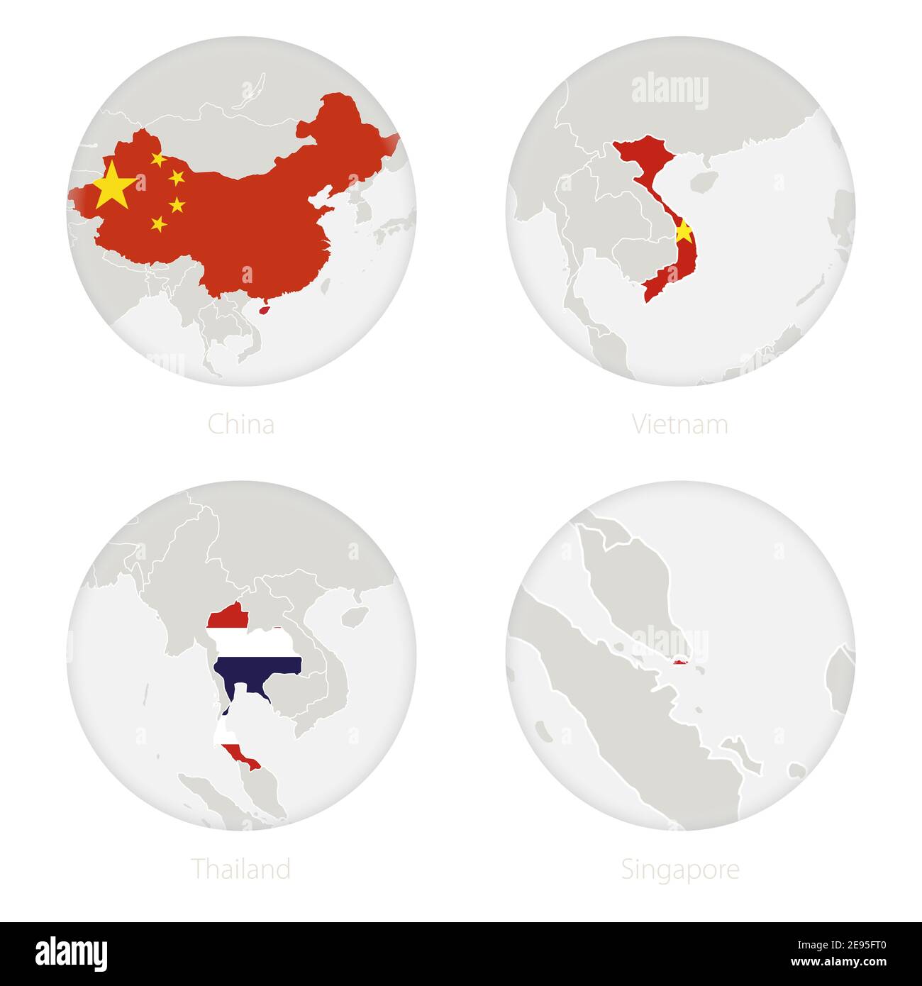 Cina, Vietnam, Thailandia, Singapore mappa contorno e bandiera nazionale in un cerchio. Illustrazione vettoriale. Illustrazione Vettoriale