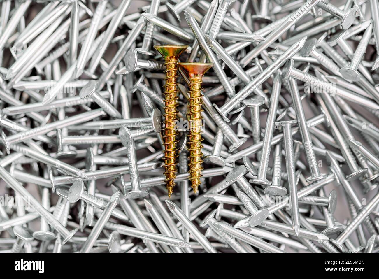 Due viti dorate in pile di chiodi da costruzione nichelati, si levano in piedi fuori nella folla concettuale.Business e crescita aziendale, individualità e indipendenza Foto Stock