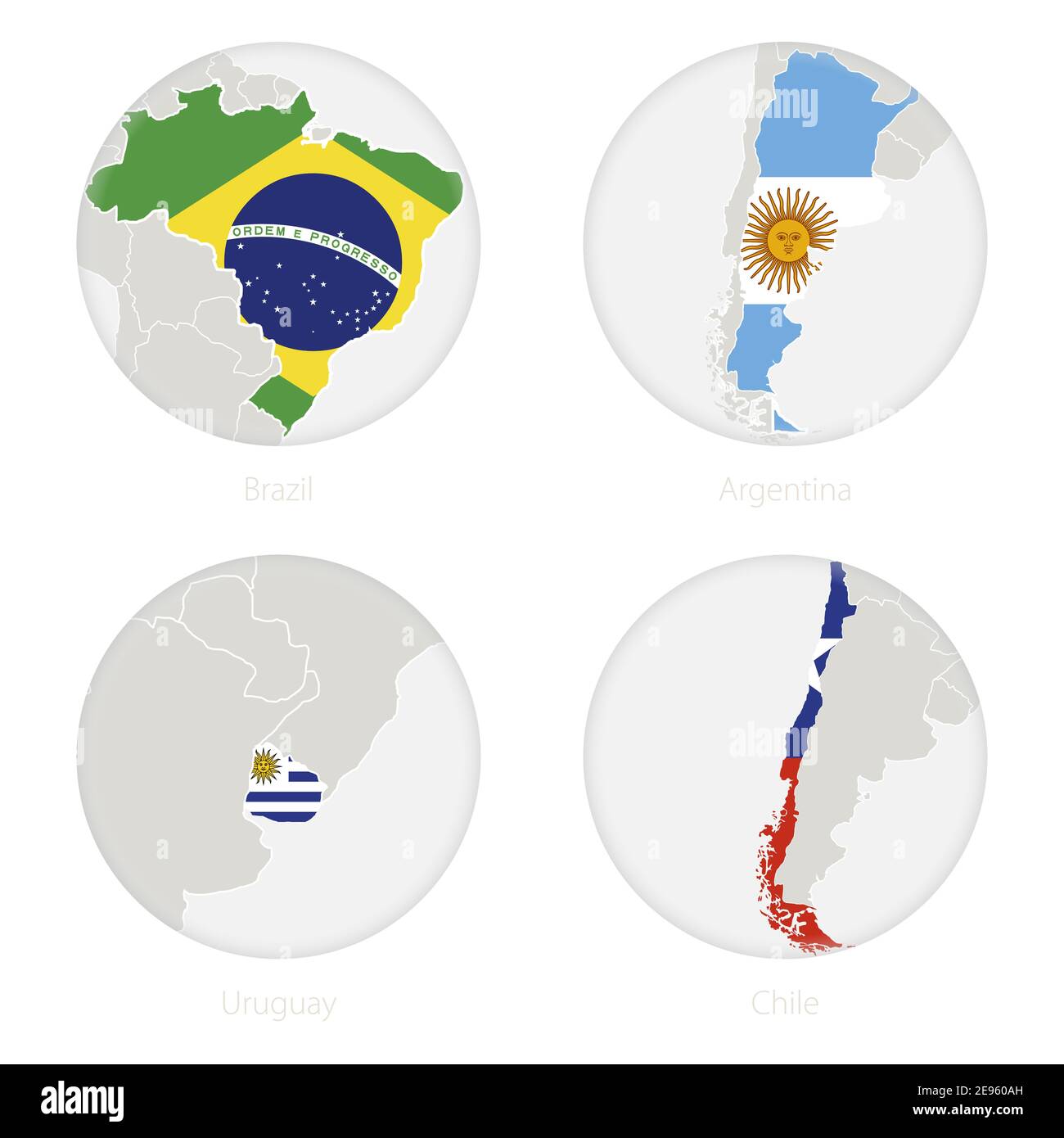Brasile, Argentina, Uruguay, Cile mappa contorno e bandiera nazionale in un cerchio. Illustrazione vettoriale. Illustrazione Vettoriale