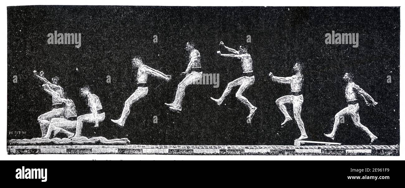 Fasi successive di un salto lungo, 1895. Cronofotografia di Étienne-Jules Marey (1830 - 1904). Foto Stock