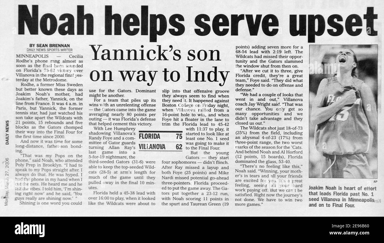 Joakim Noah, figlio del famoso tennista francese Yannick Noah, E centro della squadra di pallacanestro della Florida state University, i Gators, è tutta la stampa americana dopo che ha guidato la sua squadra alla finale quattro, il finale del campionato di pallacanestro dell'università, in una vittoria sconvolta importante sopra il seme numero uno Villanova, Stati Uniti, il 28 marzo 2006. Foto di Nicolas Khayat/Cameleon/ABACAPRESS.COM Foto Stock