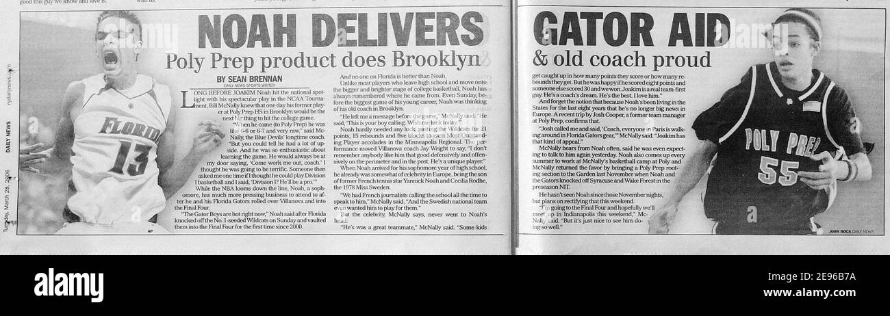 Joakim Noah, figlio del famoso tennista francese Yannick Noah, E centro della squadra di pallacanestro della Florida state University, i Gators, è tutta la stampa americana dopo che ha guidato la sua squadra alla finale quattro, il finale del campionato di pallacanestro dell'università, in una vittoria sconvolta importante sopra il seme numero uno Villanova, Stati Uniti, il 28 marzo 2006. Foto di Nicolas Khayat/Cameleon/ABACAPRESS.COM Foto Stock