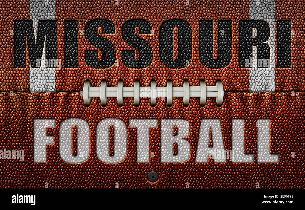 Le parole, Missouri Football, hanno inciso su un calcio appiattito in due dimensioni. Illustrazione 3D Foto Stock