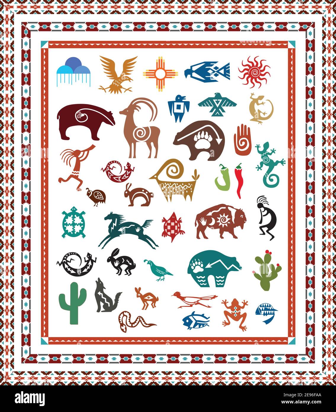 Una varietà di icone del sud-ovest, animali e disegni di confine. Illustrazione vettoriale. Illustrazione Vettoriale