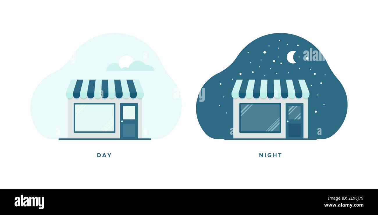 Set di icone magazzino. Giorno e notte. Illustrazione vettoriale, design piatto Illustrazione Vettoriale