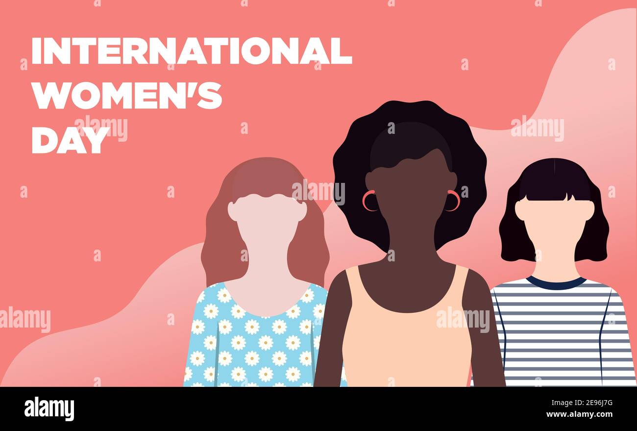 Giornata internazionale delle donne modello di poster vettoriale con spazio di copia tre donne di diversa etnia su sfondo ondulato a due tonalità Illustrazione Vettoriale