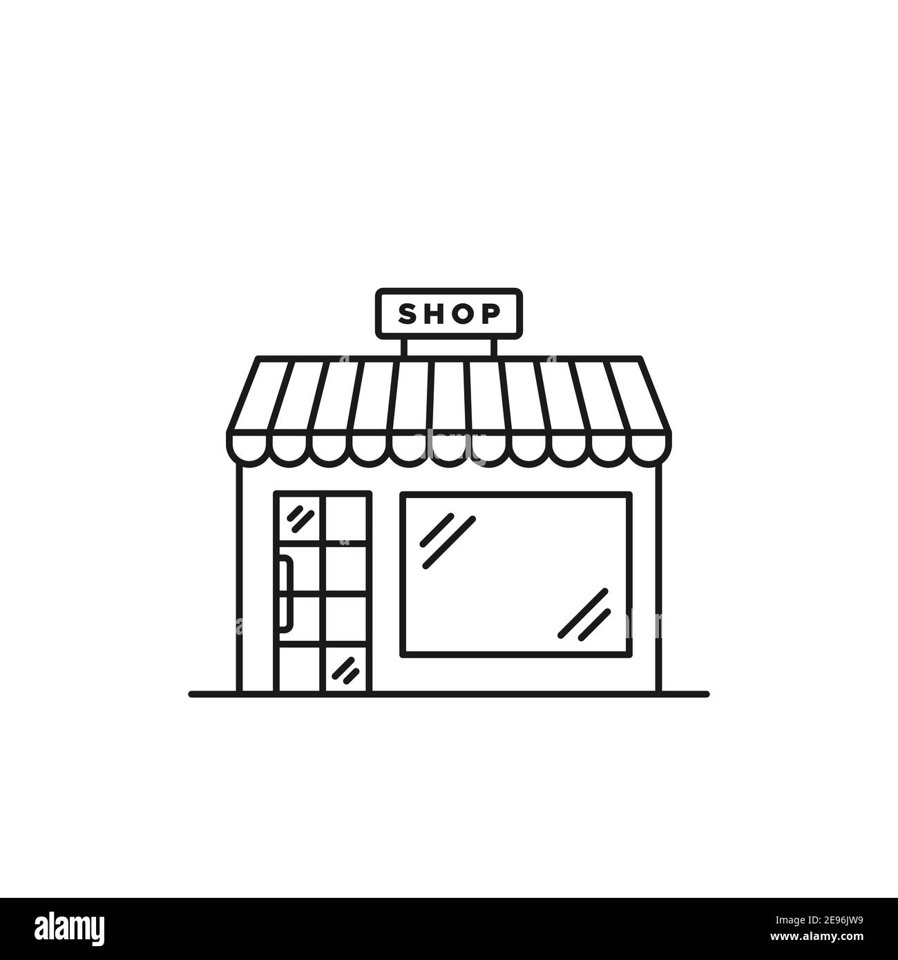 Icona magazzino lineare. Cartello negozio sopra. Sportello in vetro. Illustrazione vettoriale, design piatto Illustrazione Vettoriale