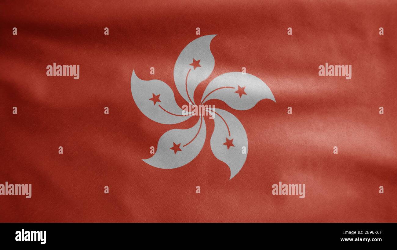 Bandiera di Hongkong sventolando nel vento. Primo piano di Hong Kong banner soffiante, seta morbida e liscia. Tessuto tessuto tessuto tessitura segno sfondo. Usalo per natia Foto Stock