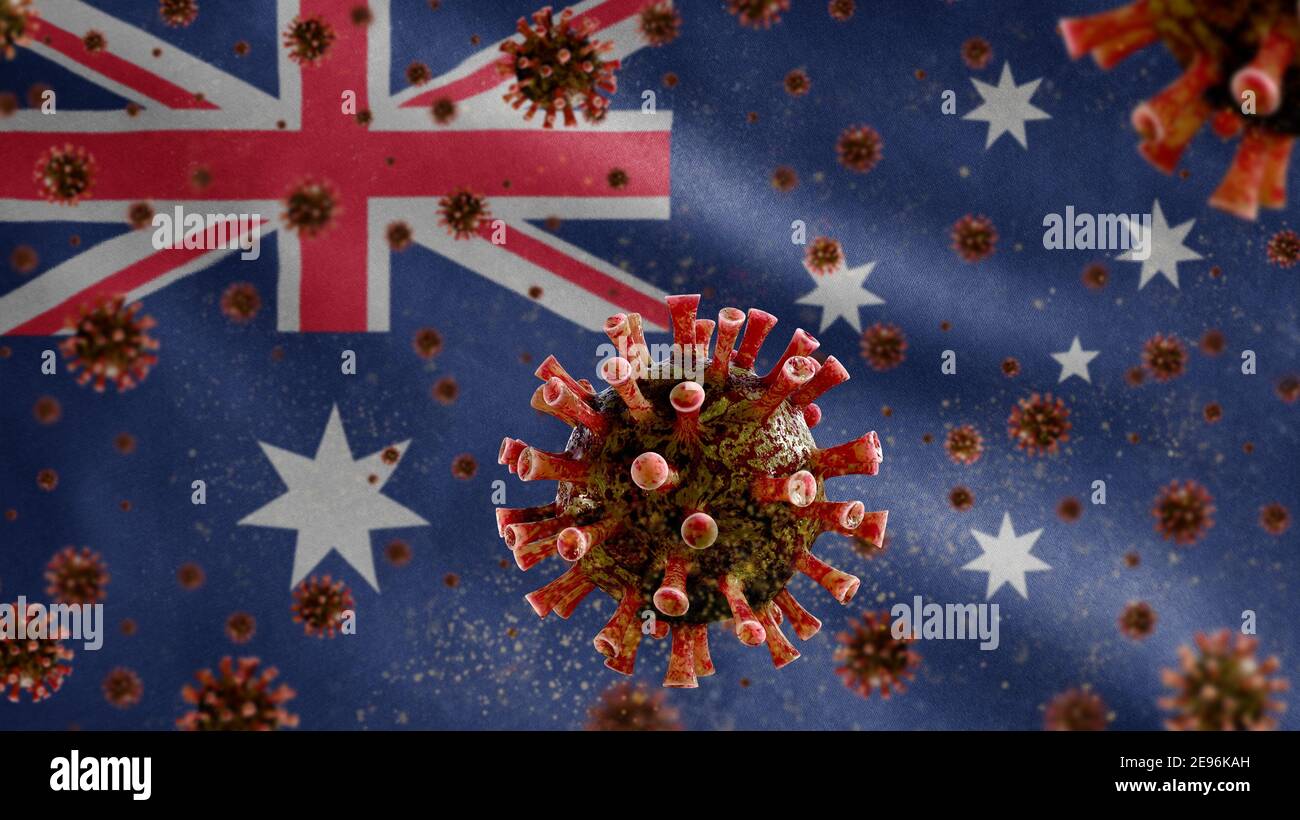 Coronavirus influenzale che galleggia sulla bandiera australiana, un patogeno che attacca le vie respiratorie. Bandiera australiana sventolando con pandemia del virus i di Covid19 Foto Stock