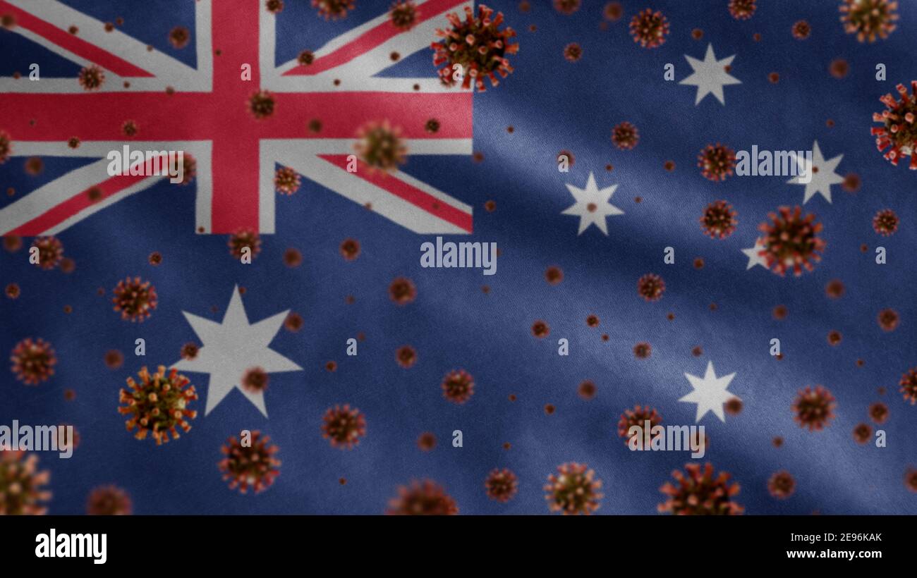 Bandiera australiana che sventola con l'epidemia di Coronavirus infettando il sistema respiratorio come influenza pericolosa. Virus di tipo influenzale Covid 19 con l'Australia nazionale Foto Stock
