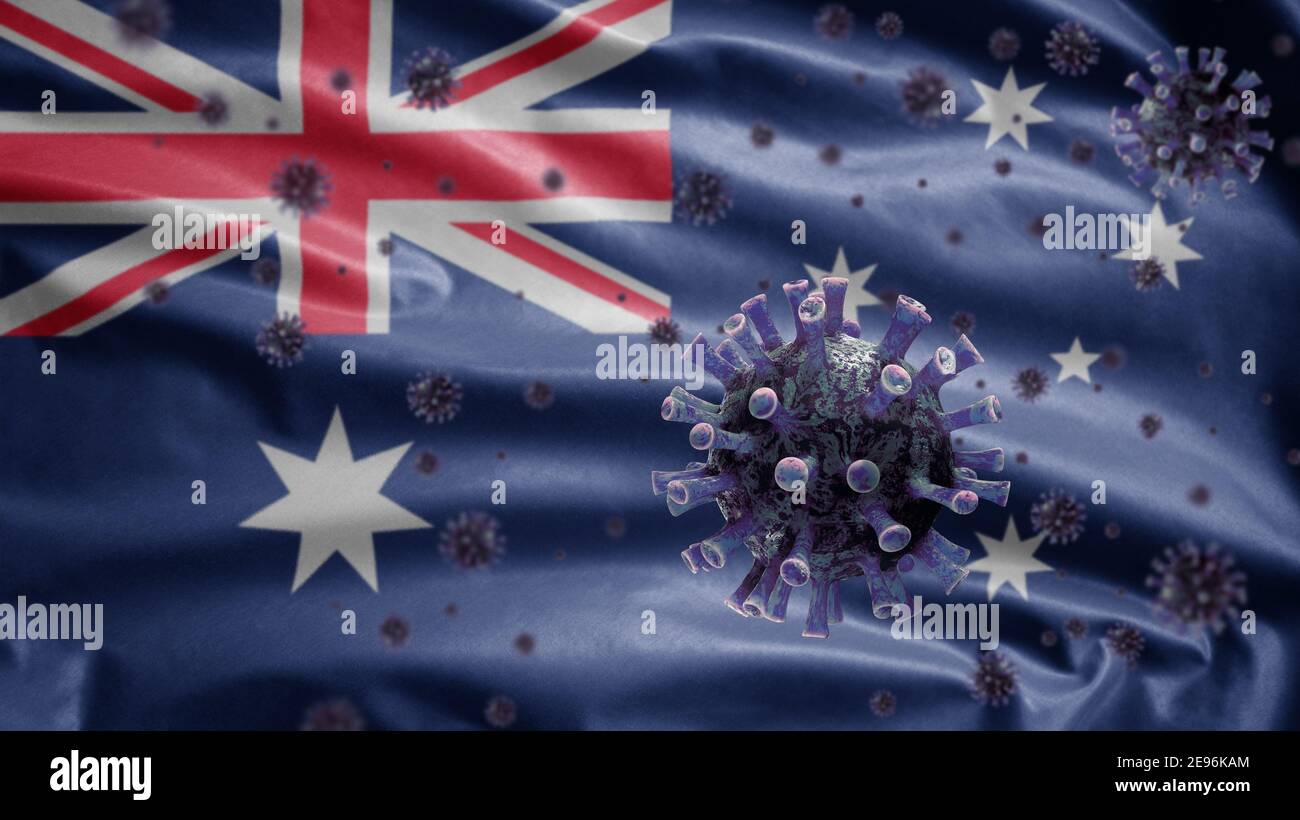 Bandiera australiana sventolando e concetto di Coronavirus 2019 nCov. Epidemia asiatica in Australia, coronavirus influenza come casi di ceppo influenzale pericoloso come pannoceae Foto Stock