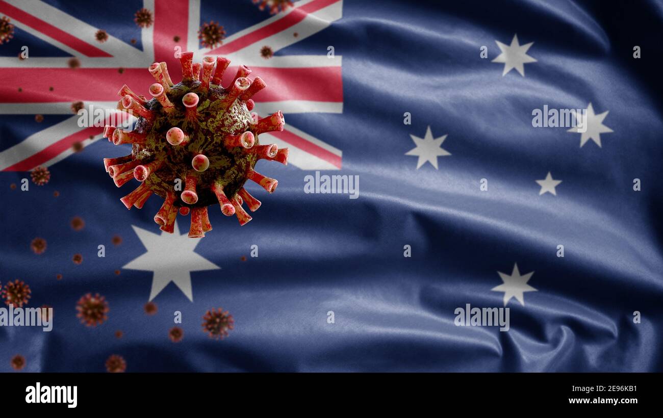 Bandiera australiana che sventola con l'epidemia di Coronavirus infettando il sistema respiratorio come influenza pericolosa. Virus di tipo influenzale Covid 19 con l'Australia nazionale Foto Stock