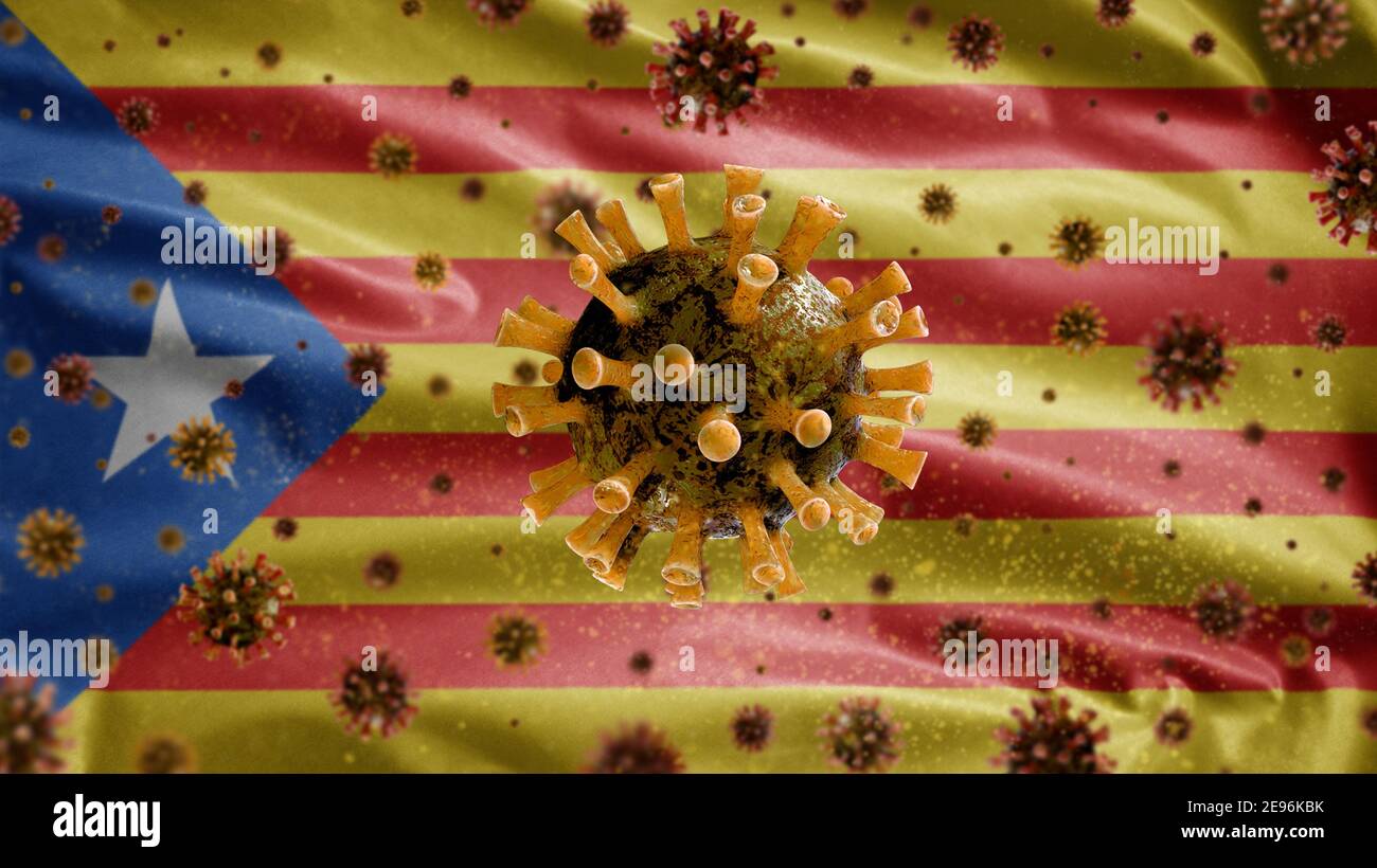 Coronavirus influenzale che galleggia sulla bandiera indipendente della Catalogna, patogeno che attacca le vie respiratorie. Banner catalano estelada ondulato con Covid1 pandemico Foto Stock