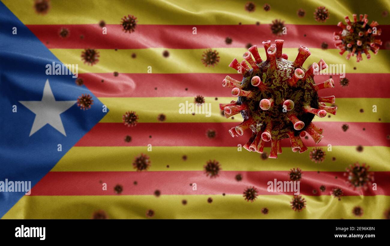 Bandiera indipendente della Catalogna che sventola con l'epidemia di Coronavirus infettando il sistema respiratorio come influenza pericolosa. Virus di tipo influenzale Covid 19 con nazionale Foto Stock