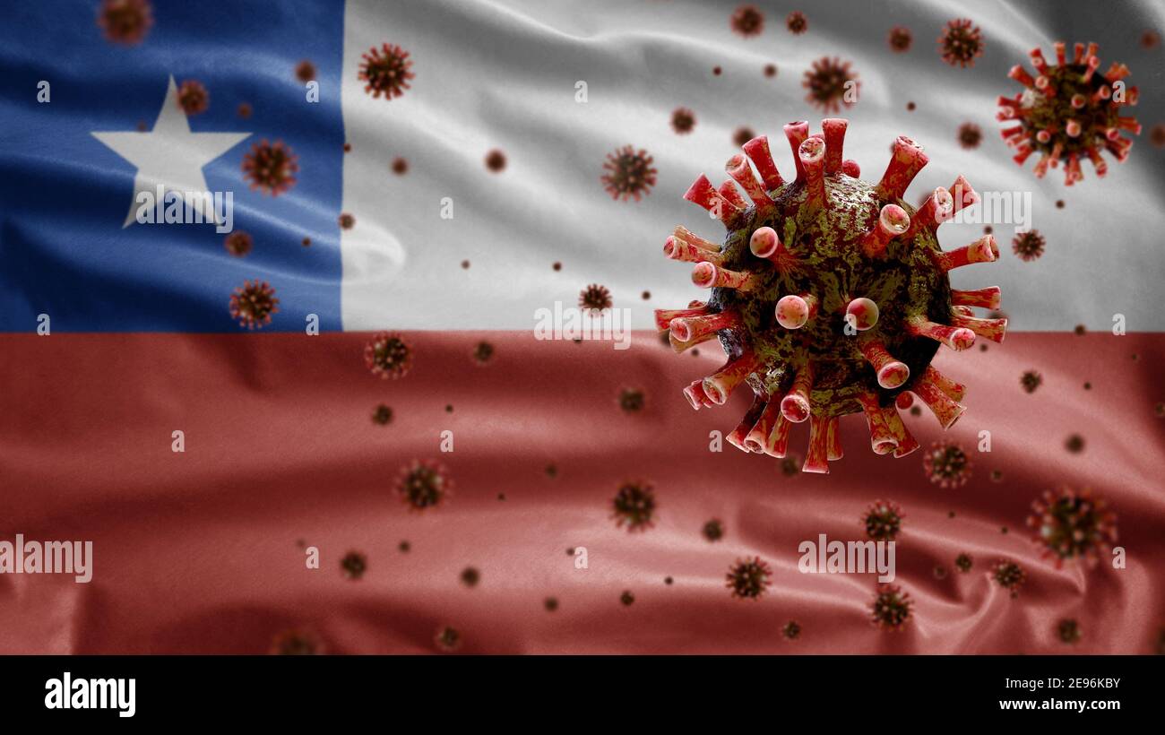 Bandiera cilena sventolando e concetto di Coronavirus 2019 nCov. Epidemia asiatica in Cile, coronavirus influenza come casi pericolosi di ceppo influenzale come pandemia. M Foto Stock