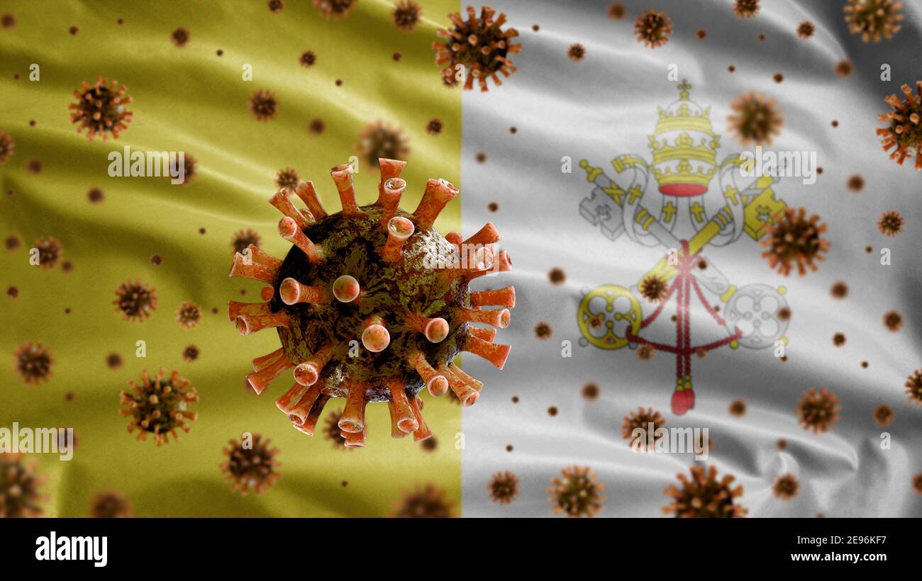 La bandiera della Santa sede sventolando e il concetto di Coronavirus 2019 nCov. Epidemia asiatica nella Città del Vaticano, coronavirus influenza come casi pericolosi di ceppo influenzale come una PAN Foto Stock