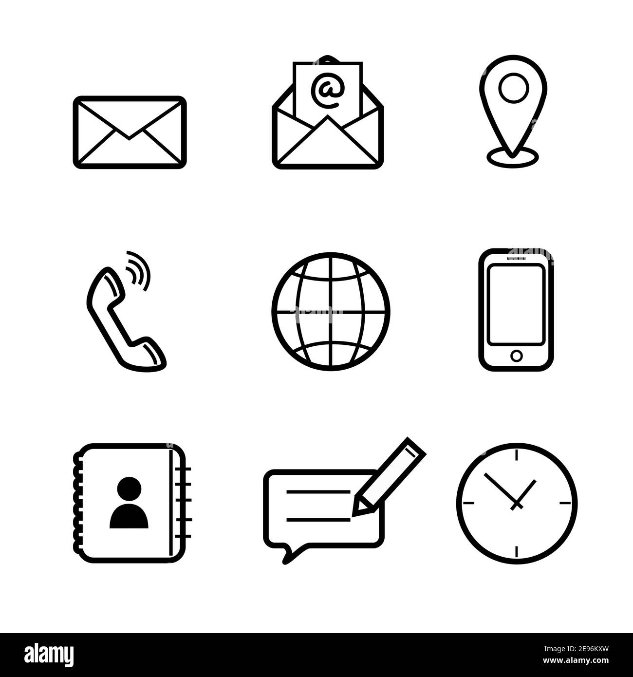 Stile piatto di Contattaci linea vettoriale set di icone per Business e Web Design. Simbolo di comunicazione in semplice minimalismo su sfondo bianco. Illustrazione Vettoriale